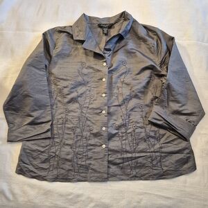 Silkland woman gray 2X 100% silk embroidered 3/4 sleeve blouse EUC